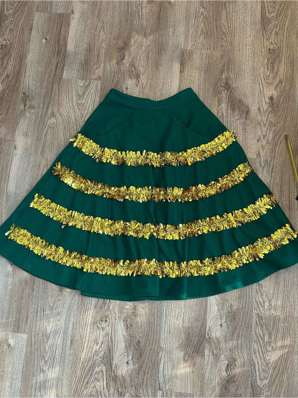 NWOT Green Christmas Skirt with Gold Tinsel Trim